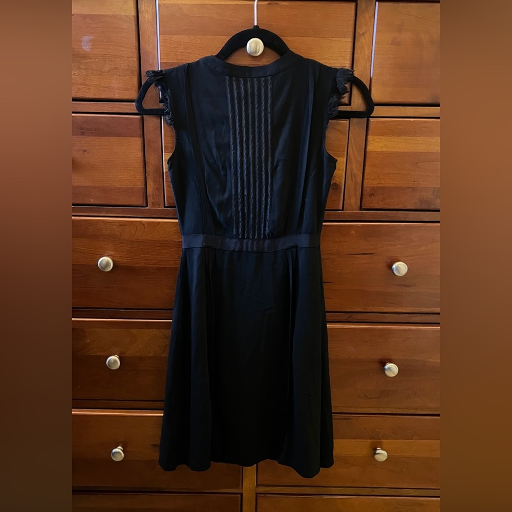 Theory semi-sheer dress, pleated front, ribbon waist, over adjustable silk slip - Picture 2 of 7